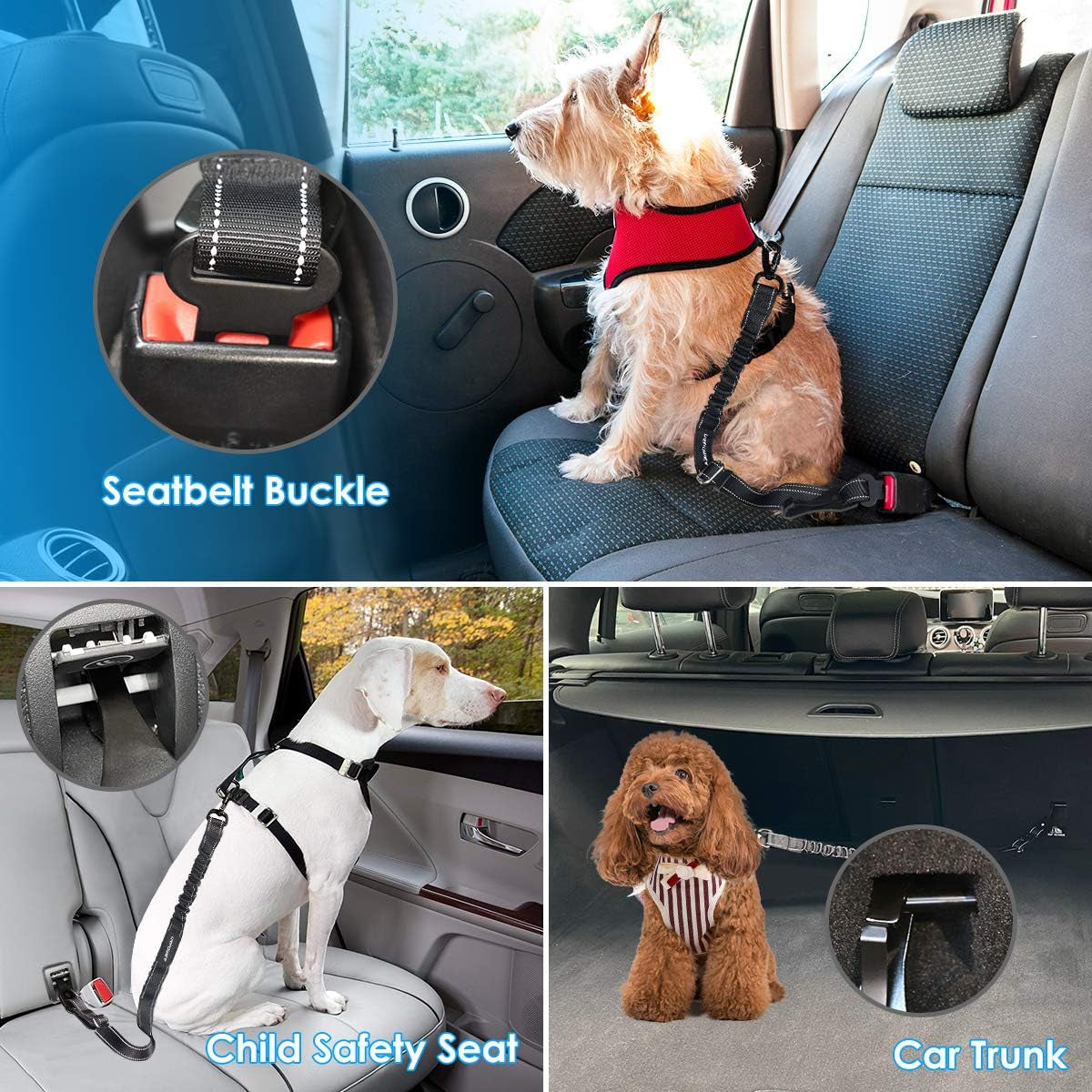 3-In-1 Dog Seat Belt, 2 Pack Elastic Bungee Dog Car Harness with Seatbelt Buckle & Latch Hook, Reflective Adjustable Dog Safety Belts, Heavy Duty & Durable & 360° Swivel Pet Car Seatbelt
