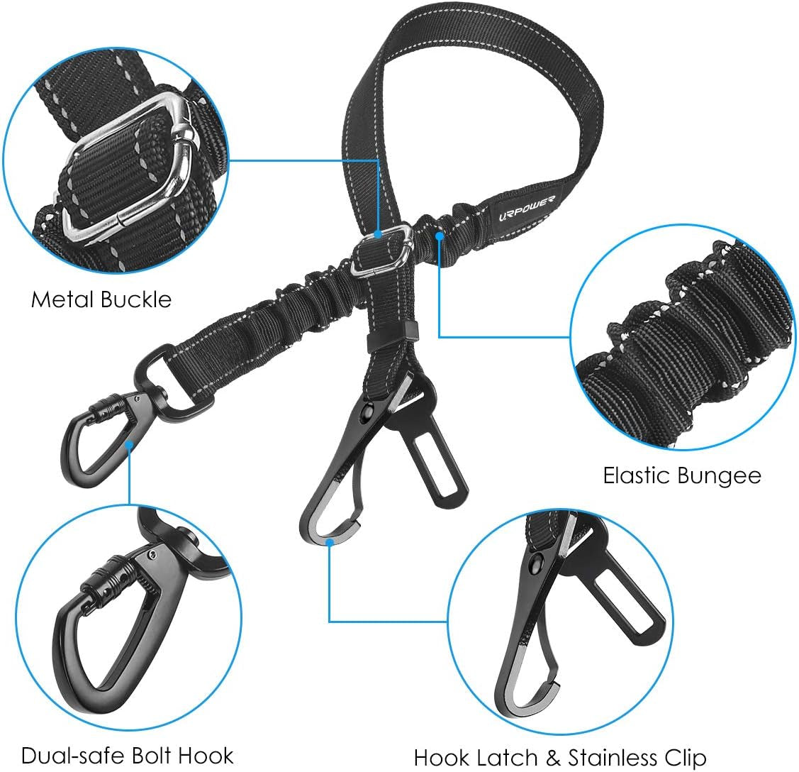 3-In-1 Dog Seat Belt, 2 Pack Elastic Bungee Dog Car Harness with Seatbelt Buckle & Latch Hook, Reflective Adjustable Dog Safety Belts, Heavy Duty & Durable & 360° Swivel Pet Car Seatbelt